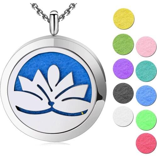 10pcs Round Silver Lotus Flower 30mm Aromatherapy Oils Stainless Steel Perfume Diffuser Locket Necklace With Free chain and Pads