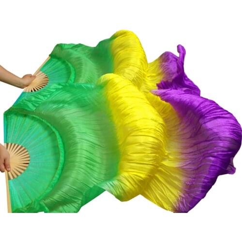100% Silk Handmade Dyed Belly Dance Fans Bamboo Ribs Long Silk Dance Fans 1 Pair Green+Yellow+Purple 180x90cm Can Be Customized