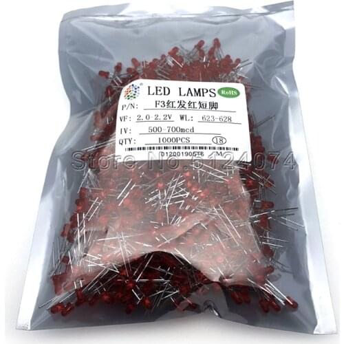 1000pcs/lot 3MM/F3 red light emitting diode LED lamp round head LED red light super bright short pin