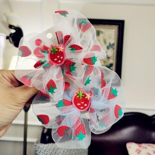 12 pcs/lot, Strawberry print mesh flower bow hair clips, baby girls hair accessories