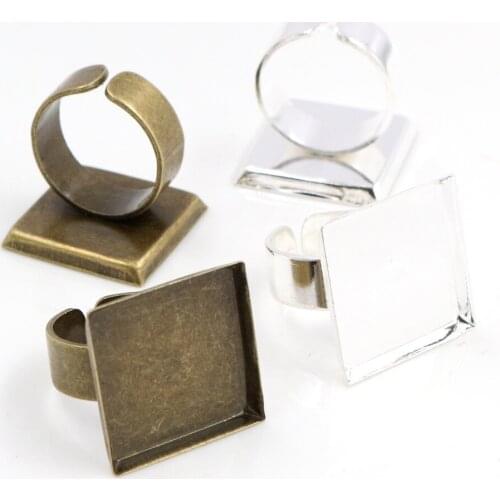 20mm 10pcs Silver Plated And Bronze Colors Plated Square Adjustable Ring Settings Blank/Base,Fit 20mm Glass Cabochons,Buttons