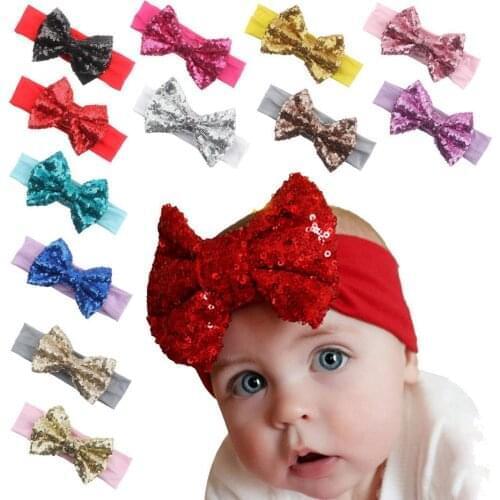 200pcs Infantile Girls Big Sequin Bow Headbands Solid Elastic Hair Band Large Gold Glitter Hair Bow