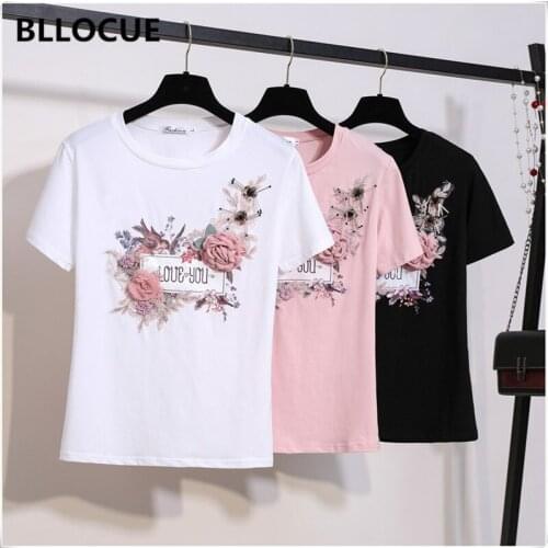 BLLOCUE 2019 Summer Women T shirt Birds Floral Embroidery T shirt O Neck Short Sleeve Flower Sequined White Black Pink Tops