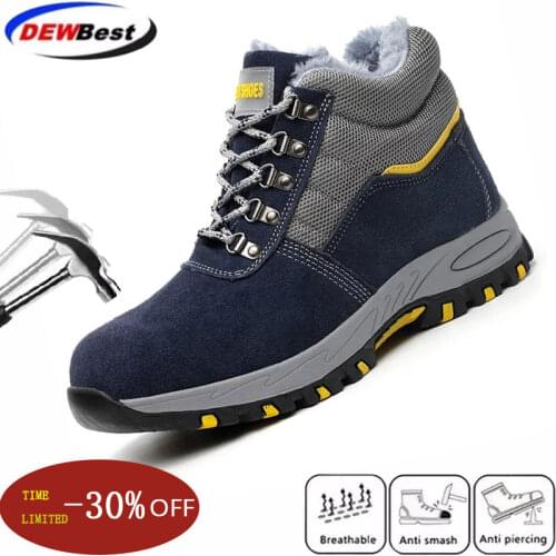 Dewbest Winter Men Safety Work Boots Warm Plush Fur Mens Labor Insurance Puncture Proof Snow Boot Man Steel Toe Cap Shoes Male