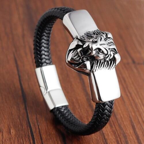 Lion Leather Rope Men Bracelet Stainless Steel Magnetic-clasp Cowhide Braided Multi Layer Wrap Trendy Armband pulsera hombre
