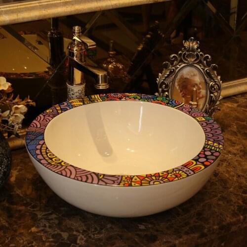 Europe Vintage Handmade Ceramic washing basin Bathroom wash basin Sink Counter top commercial bathroom sink countertop round