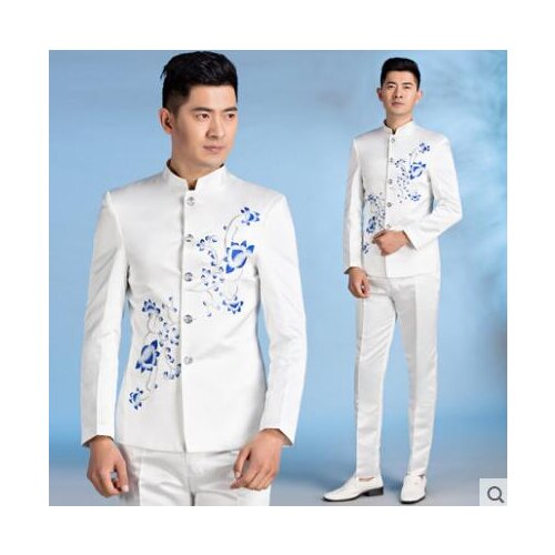 Chinese tunic suit men white suits designs stage costumes for singers slim jacket men embroidered blazer dance star style dress