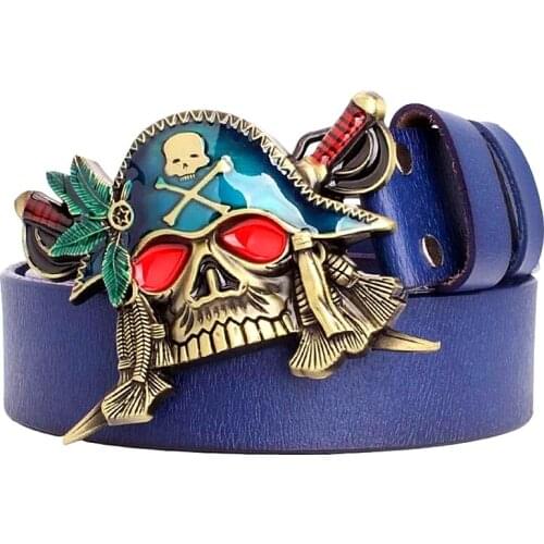Cool mens leather belt geniune cowhide Skull Pirate buckle belt real cowskin belt men metal punk belt skull head