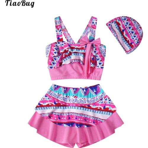 TiaoBug Summer 3Pcs Kids Girls Tankini Swimming Suit Straps Ruffle Trim Bowknot Adorned Crop Tops With Skirt And Hat Swimwear