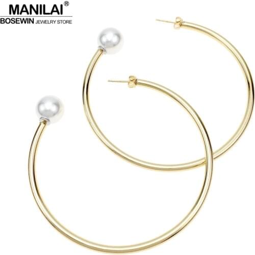 MANILAI 65mm Diameter Punk Metal Big Hoop Earrings For Women Charm Jewelry Simulated Pearls Earrings Gold-Color Pendientes