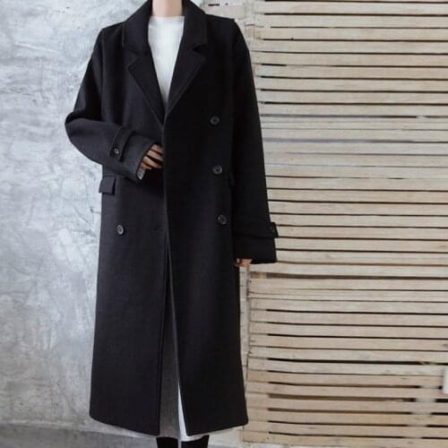 Fashion Women Double Breasted Woolen Blends Long Coat Loose Fit Classic Military Overcoat Winter Office Ladies Outwear Coats
