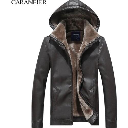 CARANFIER Mens Leather Jackets Winter Warm Coats Plus Thick Outerwear Biker Motorcycle Male Classic Hooded Faux Jacket Windproof