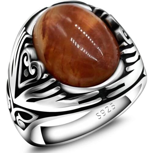 Natural Agate Mens Ring 925 Sterling Silver With Oval Quartzite Ring Thai Silver Ring Peace Design Womens Turkish Jewelry