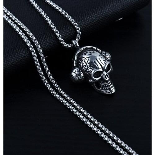 Fashion Skull Headphones Student Pendant Necklace Personality Couple Retro Punk Men Titanium Steel Hip Hop Necklace