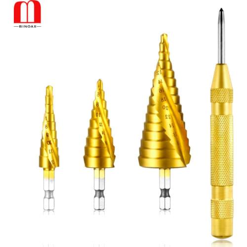 Titanium Step Drill Bit Set with Automatic Center Punch Hex Shank Step Cone Drill Bits for Plastic Wood Aluminum Metal Sheet