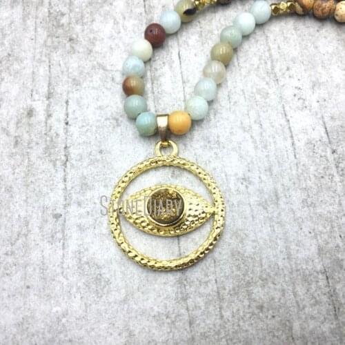 5Pcs Stone Amazonite Titanium Gold Druzy Crystal Evil Eye Gold Plating Irregular Surface Circle Necklace On Sale 32inch NM4844