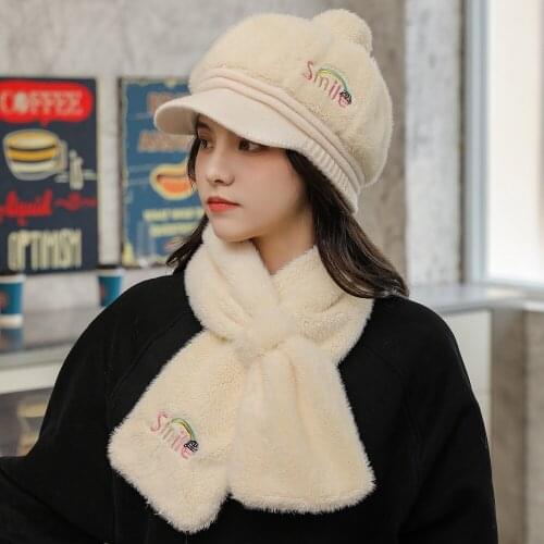 New Women Smile Rainbow Casual Winter Hat Outdoor Keep Warm Suit Hat Scarf Set For Female Street Thick Hat