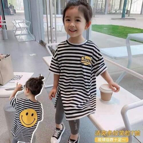 2021 Spring and Summer New Childrens Cotton T-shirt Boys and Girls Striped Bottoming Shirt Baby Short Sleeved T-shirt