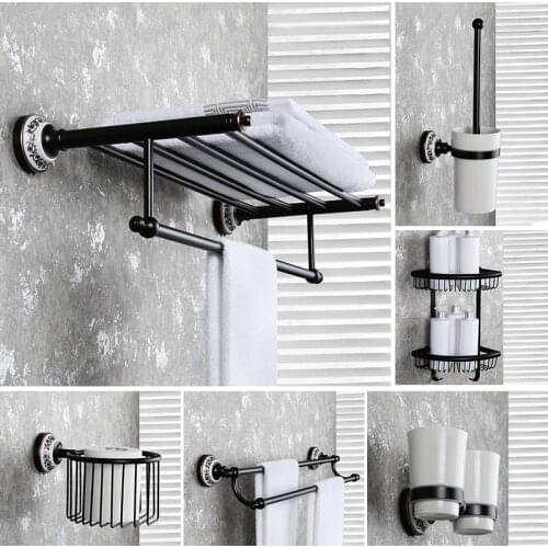Solid Brass Bathroom Accessories Blue White Towel Rack Shelf Black Toilet Brush Holder Wall Toilet Roll Paper Holder Soap Dish