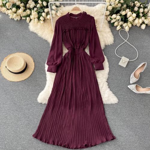 2021 Autumn New Elegant Temperament Maxi Vestidos Female Round Neck Puff Sleeve Waist All-match Pleated Long Dress DF740