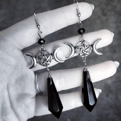 A Pair Of Triple Moon Goddess Black Glass Crystal Drop Earrings Occult Pagan Pendant Jewelry Gift For Women