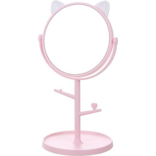 CASHOU24 Pink Cat Ear Mirror Table Desktop Countertop Base Use for Bathroom Ordinary Makeup Mirror with Jewelry Cosmetic Shelves