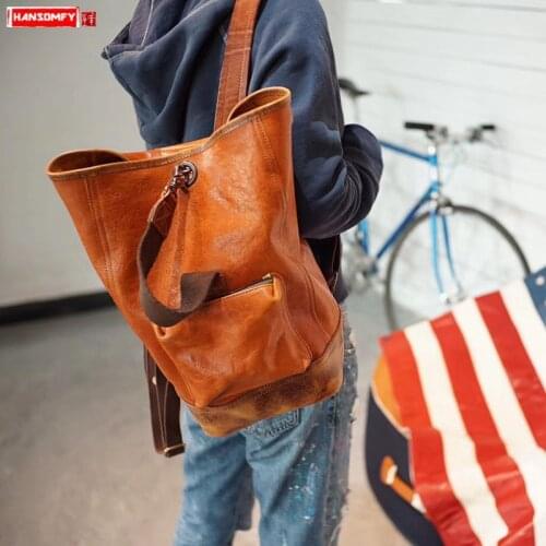 Cowhide Mens Womens Backpack Retro Leather Bucket Shoulder Bag Motorcycle Bags Travel Backpacks Schoolbag New Original Casual