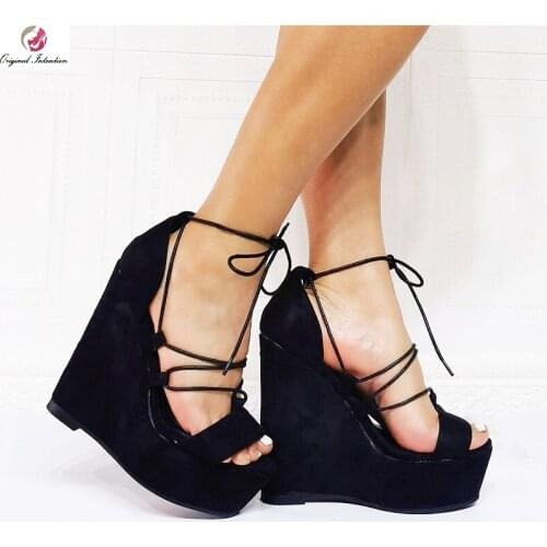 Ankle Weaving Cross Lace Up Platform Sandals Women Summer Wedges High Heels Shoes Ladies Flock Peep Toe Gladiator Sandals Black