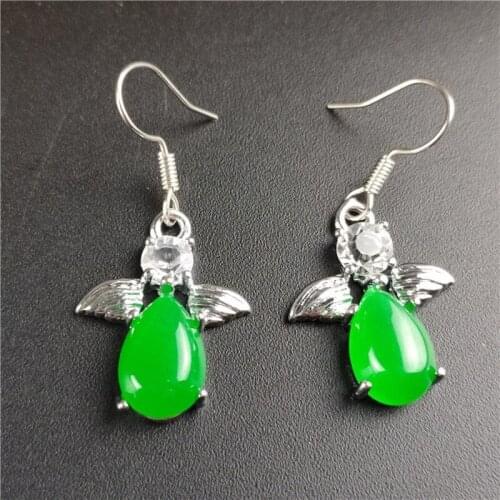 Natural green chalcedony hand carved 925 silver inlaid Drop Earrings Fashion Jewelry mens and womens Earrings