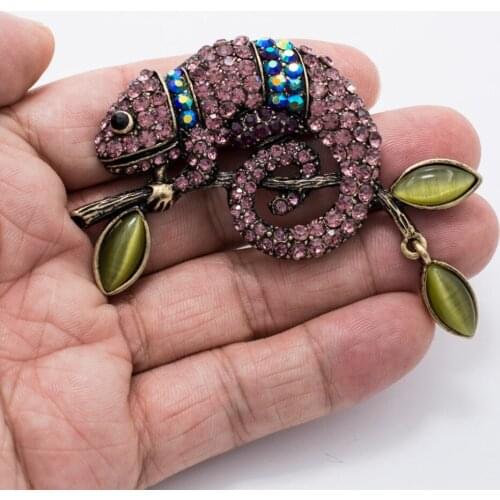 Rhinestone Crystals Purple Lizard Chameleon Brooch Pins Broach Women Dress Hat Pin Jewelry Accessories FA5080