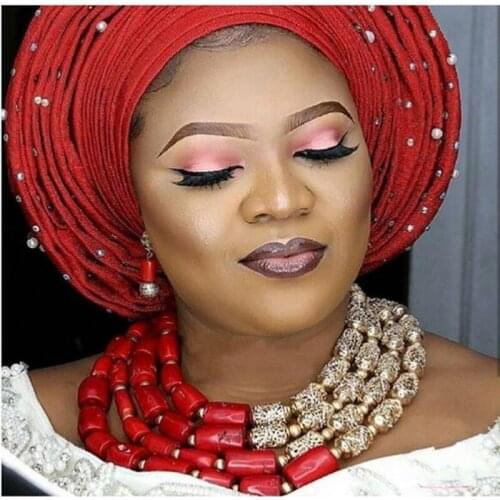 URORU Wedding Jewelry Sets for Brides 4 Layers African Red Coral beads Jewelry Set Plated Gold Set Necklace Earrings Bracelet