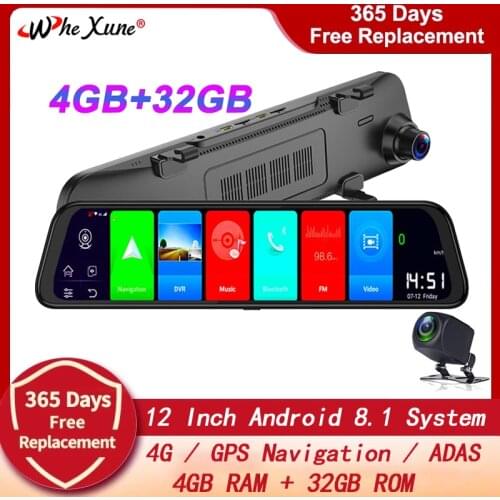 WHEXUNE New 4G Android 8.1 12" Car DVR 4GB+32GB Rearview Mirror Dash Cam GPS ADAS FHD 1080P Car Video Camera Recorder WIFI DVRS
