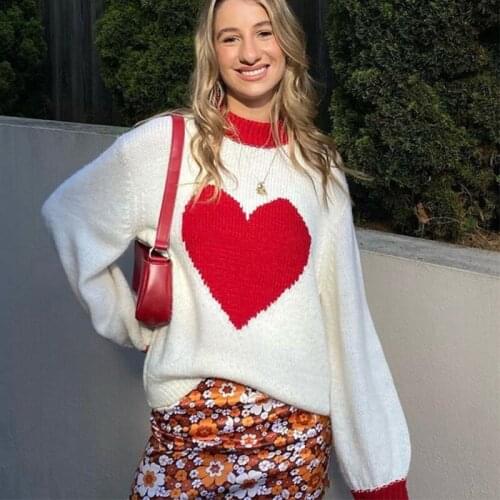 Heart-shaped Red Love Knitted Turtleneck Fashion Sweater Women Winter Tops 2021 New Streetwear Loose Elegant Lady Korean Fashion