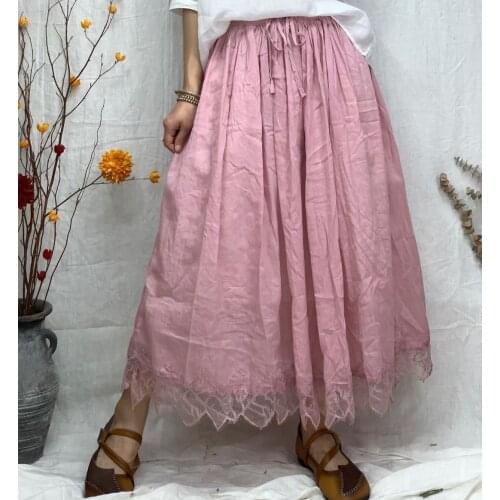 2020 Plus Size Korean Women Linen Long Skirt High Elastic Waist Loose Pleated Midi Skirts Vintage Art Summer Spring Skirts