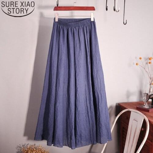 Women Spring Summer Elastic Waist Cotton Linen Maxi Long Skirt Vintage Solid Pleated Long Skirts Girl Boho Beach Skirt 9956