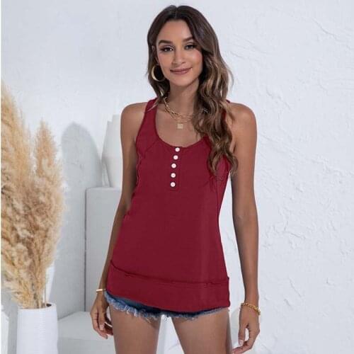 Summer New Solid Color O Neck Sleeveless T Shirt Women Clothes Button Casual Streetwear Tank Tops Plus Size Tee Shirts Femme