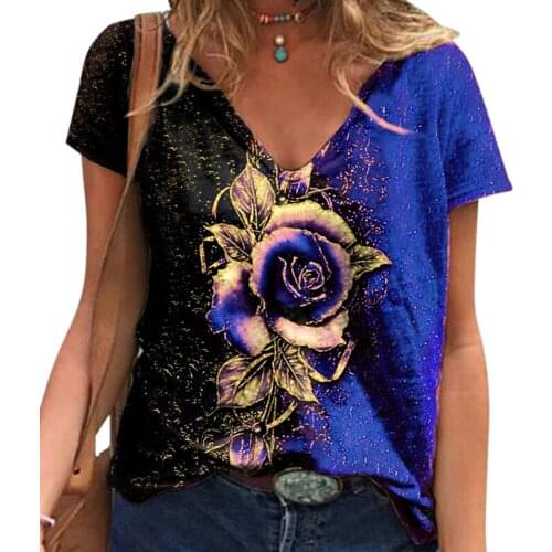 Summer Rose Print Short Sleeve Loose T-shirt Women Casual V Neck Fashion Top Fashion Streetwear Pullover Floral Female T shirt