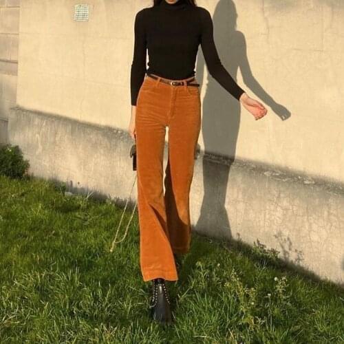 Women Casual High Waist Sports Flared Pants Casual High Waist Solid Color Loose Corduroy Pants Pocket Long Sports Pants
