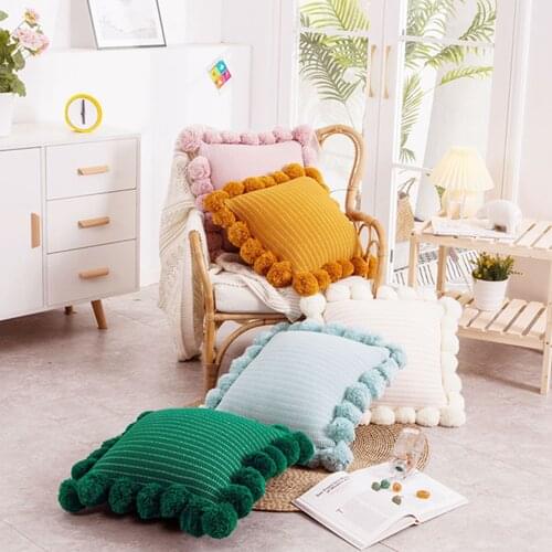 Knitted Pillow Case Fulffy Ball Square Pillow Cover for Bed Nursery Room Solid Cushion Case Tassle Pillowcase 45x45cm Home Decor