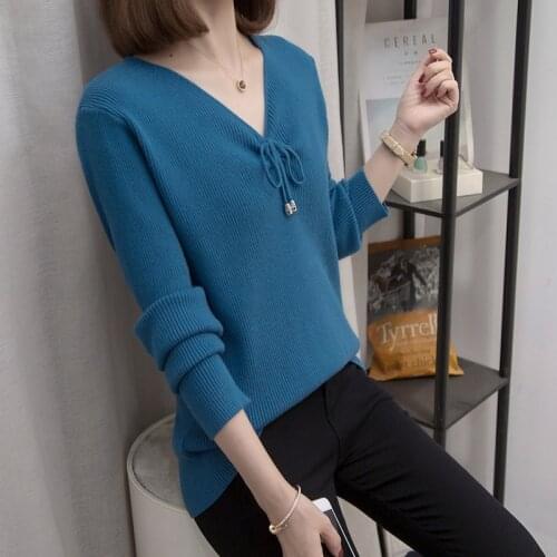 2021 Women Casual Sweater and Jumpers V-neck bow Beige Knitwear Korean Oversized Sweaters Mujer Winter Tops 4XL