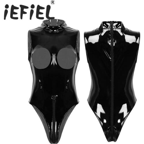 Women Ladies Exotic Bodysuits Patent Leather Lingerie High Neck Sleeveless Open Cups Double Zipper Leotard Bodysuit Nightwear