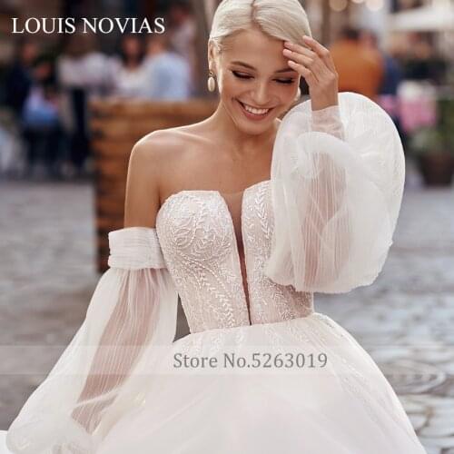 Louis Novias Vestido De Novia Desmontable Lantern Sleeve Wedding V Dress Vestido Casamento Praia Sexy Wedding Gowns Lace Up