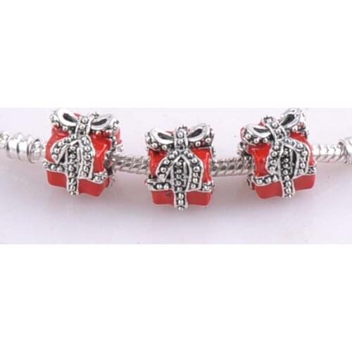 10 pcs 11mm Silver Red Christmas Gift Spacers Beads charms Fit Charms Bracelets Jewelry Handmade DIY DK-063