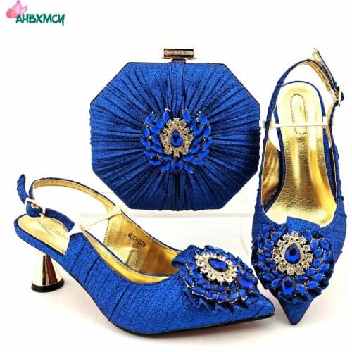 2021 Specials Design Italian Women Shoes and Bag to Match in Royal Blue Color Slingbacks High Quality Pumps with Shinning Crysta