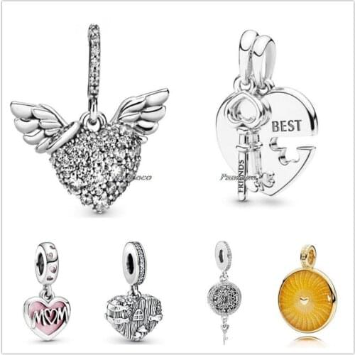 Authentic 925 Sterling Silver Sparkling Heart And Angel Wings With Crystal Charm Bead Fit Pandora Bracelet & Necklace Jewelry