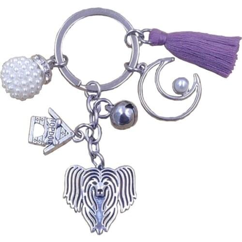 Chinese Crested Dog Animal Kawaii Keychain Alloy Luxury Key Ring Pet Tassels Antique Silver Plated Women Men Jewelry K106-107