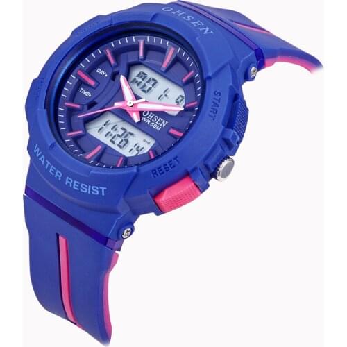 TOP OHSEN Digital analog waterproof watch kids lady outdoor sport swimming wristwatch silicone strap alarm stopwatch boy student