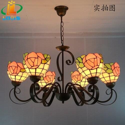 European Style 6 Head Garden Rose Iron Art Upward Big Chandelier Tiffany Modern Living Room Bedroom Glass Personalized Lighting