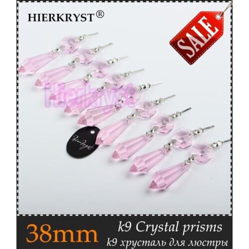 HIERKRYST 10 pcs/lot Pink Chandelier Glass Crystals Lamp Prisms Parts icicle Hanging Pendants 38mm 1.49" #1905-4