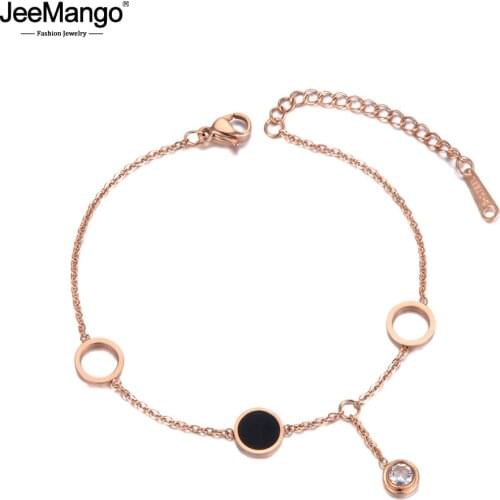 JeeMango Bohemia Stainless Steel Black Acrylic Chain & Link Bracelets For Women Trendy CZ Crystal Charm Bracelet Jewelry JB19054